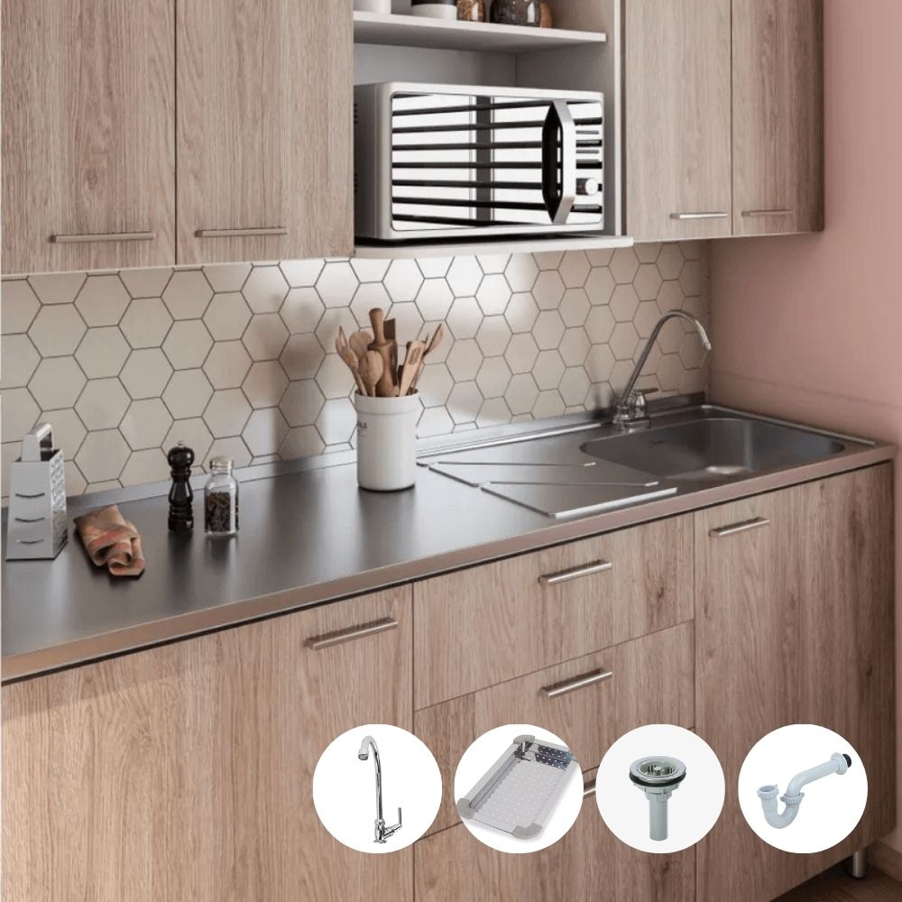 Combo Mesón 1.80m x 52cm Liso + Grifería + Escurridor + Canastilla y Sifón