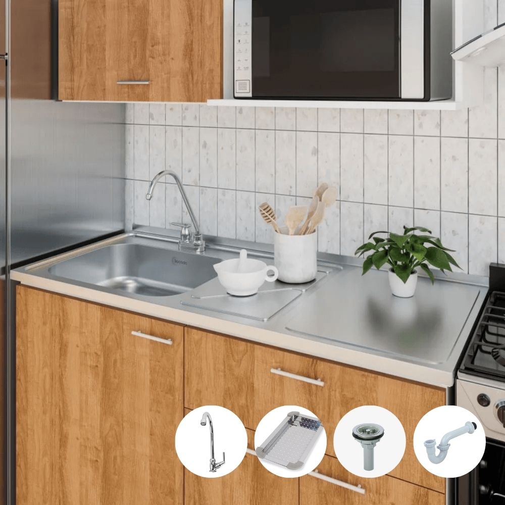 Combo Mesón 1.20m x 52cm Liso + Grifería + Escurridor + Canastilla y Sifón